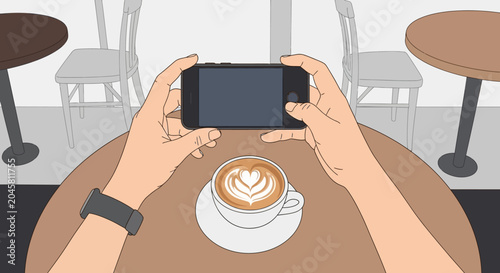 Hands holding phone taking photo coffee.