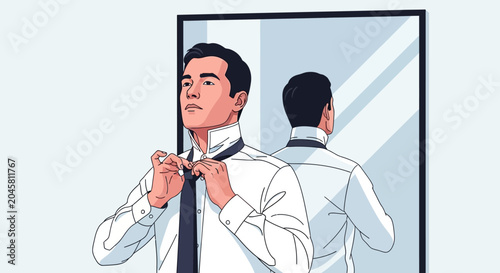 Man adjusting tie in mirror reflection.
