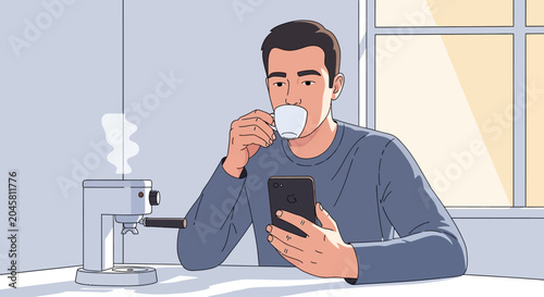 Man drinking coffee and using smartphone.