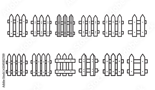 Variety of picket fence designs in a clean outline style for graphic design projects