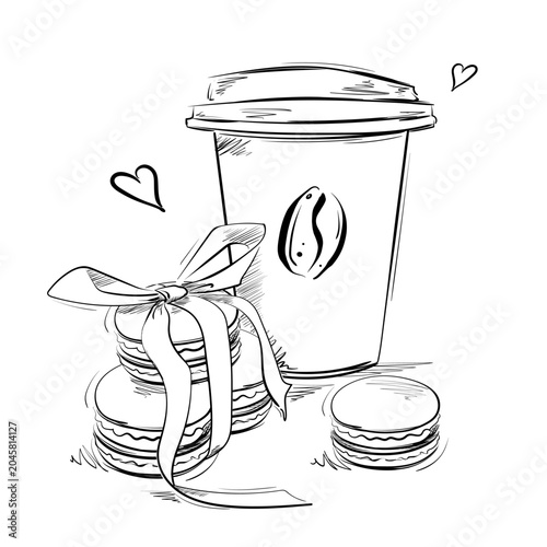 Tablou pe pânză Black and white vector graphic illustration with a coffee cup and macaroons