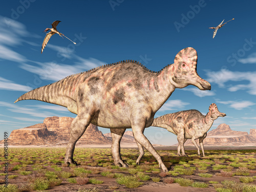 Dinosaurier Corythosaurus und Flugsaurier Rhamphorhynchus