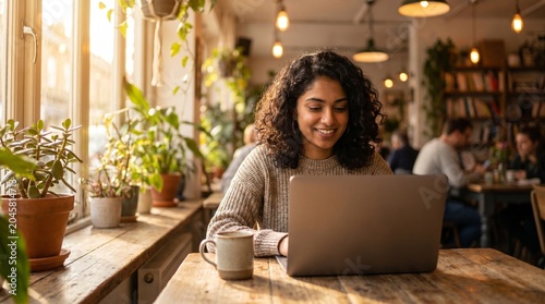 Woman smiling while using smartphone in cozy café
