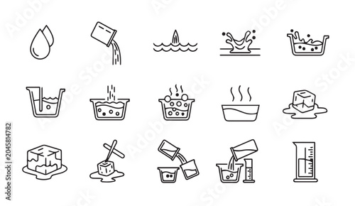 Water science experiment icons showing evaporation melting and pouring liquid during simple physics lessons