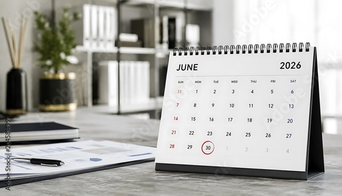 Desktop calendar showing the month of june 2026 on a stone office desk. end of the year sales offer eofy business offer with calendar, schedule. end. of the year sales offer eofy business offer