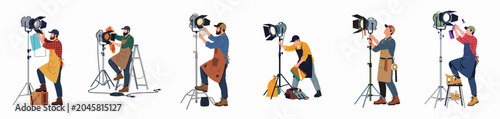 Quadro su tela Collection of professional film set lighting technicians and gaffers adjusting studio spotlights and equipment, flat vector illustration isolated on white background