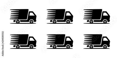 Trucks with Motion Lines Moving at High Speed in a Set of Six Icons Featuring Transportation, Delivery, Logistics with Vehicles and Black Elements