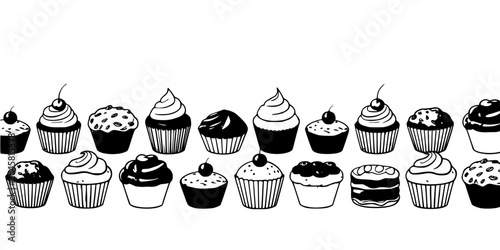 Cupcakes with Various Toppings and Decorations in a Black and White Illustration Featuring Desserts, Sweets, Pastries with Cherries and Sprinkles