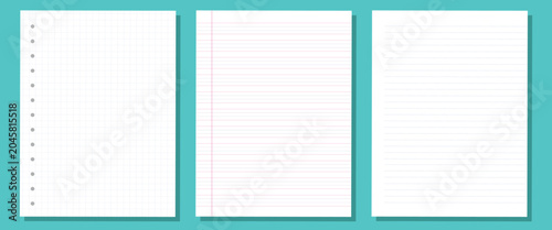 Fényképezés Notebook paper sheets set with grid, ruled and lined page templates vector illus