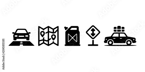 Cars and Road Signs Icons Set with Map and Gas Station Symbols Featuring Car, Police Car, Travel with Transportation and Navigation Elements