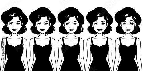 Women Wearing Black Dresses with Different Hairstyles in a Row Featuring Illustration, Fashion, Beauty with Style and Hair Elements for Dress, Formal