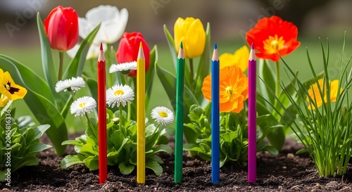 Colorful tulips and pencils growing in a garden bed with blurred background