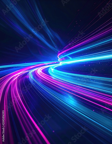Abstract neon light trails curving through a dark digital space.