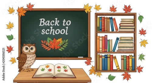 Back to school illustration with chalkboard books owl and falling autumn leaves