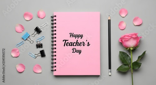 Flat lay composition with notebook rose and school supplies for teachers day celebration