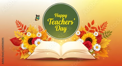 Happy Teachers Day floral background with open book and autumn leaves illustration