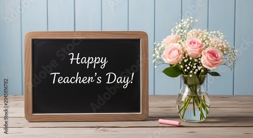Happy Teachers Day message on a chalkboard with pink roses and a glass vase
