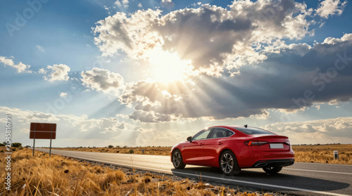 Driving a red car on an open road under a bright sky with clouds in the distance