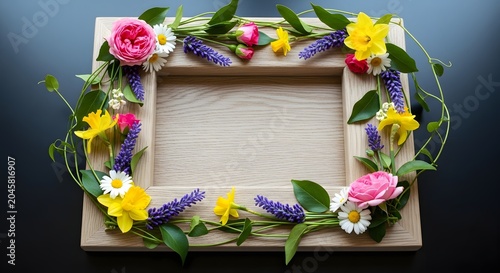 Floral frame with roses daffodils and daisies on a dark background