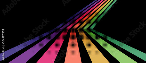 Fotografija Retro 90s rainbow parallel stripes with black halftone dot overlay converging in perspective then turning upward on black background, vintage pop art vector wallpaper