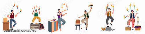 Fotografie Set of male street performers juggling fire torches next to traditional dim sum food stalls in a flat vector illustration style