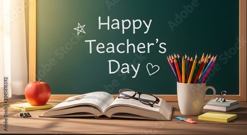 Happy Teachers Day message on a chalkboard with school supplies and an apple
