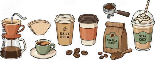 Valokuva Cute Hand Drawn Coffee Element Set with Pour Over Dripper Takeaway Cup Espresso