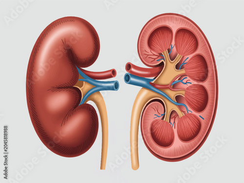 Human kidney anatomy illustration showing outer and inner structure  detailed medical diagram of healthy kidneys with blood vessels and ureters