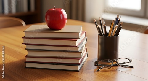 Red apple on a stack of books with school supplies on a wooden desk