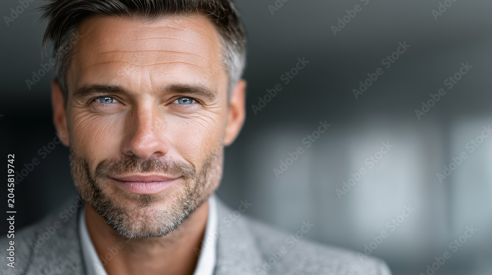 Obraz premium Successful Corporate Professional, Half-Body Shot, Modern Blurred Office Environment, Authentic Business Photography, Shallow Depth of Field