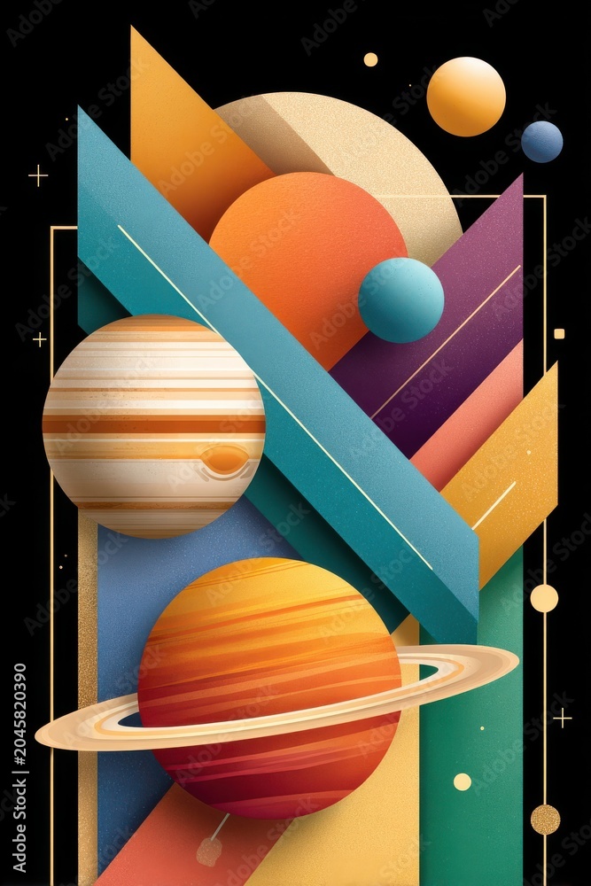 Obraz premium Abstract geometric space illustration with colorful planets, rings and layered shapes for advertising