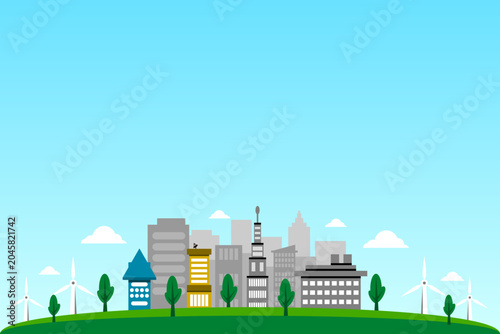Eco-friendly green city landscape vector illustration under a clear bright blue sky. Features modern buildings, green grass fields, trees, and wind turbines symbolizing renewable energy