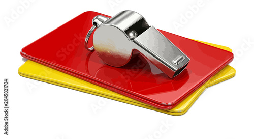 Tableau sur toile 3D Referee whistle with red and yellow cards, football foul and penalty concept,