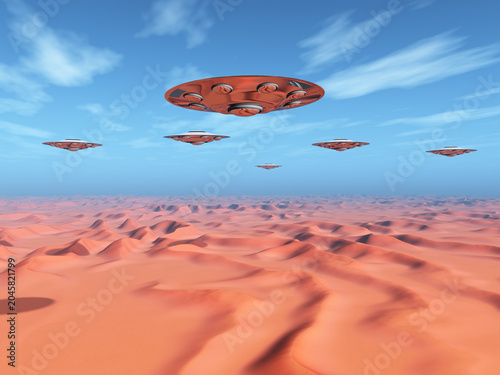 Fliegende Untertassen über einer Wüstenlandschaft
