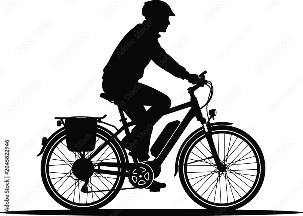 Obraz premium Commuter riding electric bicycle with storage pannier silhouette electric commuter silhouette