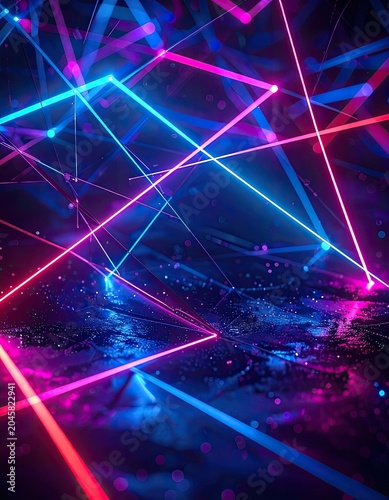 Abstract neon lights crisscross in a dark, futuristic space.