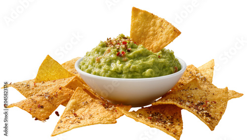 Crispy corn tortilla chips surrounding a bowl of fresh guacamole, isolated on transparent background