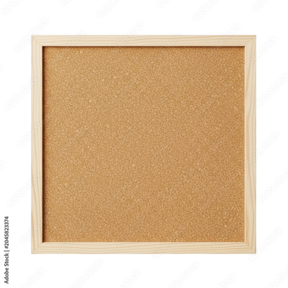Fototapeta premium Square cork board with a natural wooden frame for pinning notes, or memos in an office, classroom, or home organization workspace area isolated on a transparent background