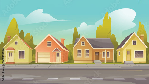 colorful cartoon houses on a suburban street with trees and sidewalk