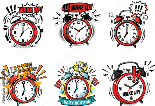 Exploding alarm clocks with time running out vector illustration set in urgent morning rush