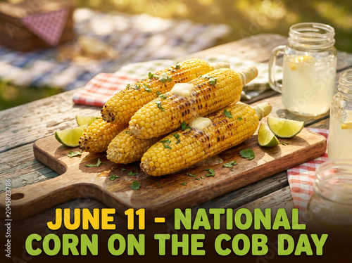 Grilled yellow corn on the cob seasoned with butter and herbs is displayed on a wooden board for a summer picnic menu background.