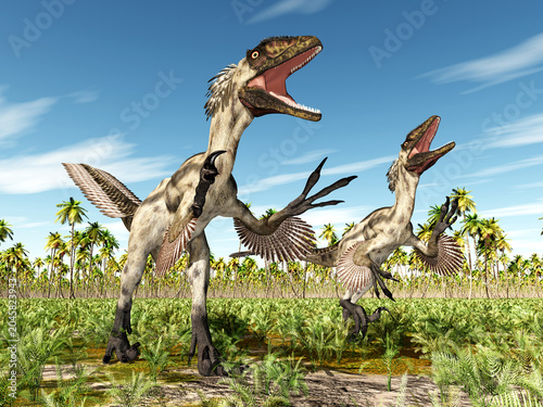 Dinosaurier Deinonychus in einer Landschaft mit Palmen