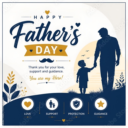 Happy fathers day greeting card design with silhouette of father and son walking together, silhouette
