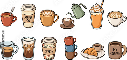 Bild auf Leinwand Cute Hand Drawn Coffee Cup Collection with Latte Art Espresso Iced Coffee Frappu