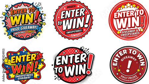 Colorful Enter to Win Contest Badges and Stickers Set on Bright Background