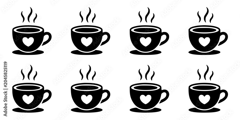 Fototapeta premium Coffee Cups with Hearts and Steam in a Row, Black and White Illustration Featuring Heart, Drink, Beverage with Hot Drink and Breakfast Elements