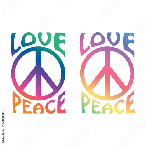 Bild auf Leinwand A set of two 1970s style hippie peace symbols with love and peace typography, featuring bright vibrant neon and pastel gradients isolated on a white background