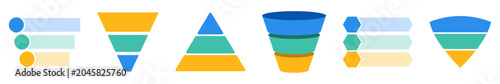 Foto Sale marketing funnels set, business pyramid template with three steps and funnel diagram stages
