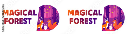 Magical Fantasy Forest Animals Vector Illustration Landscape