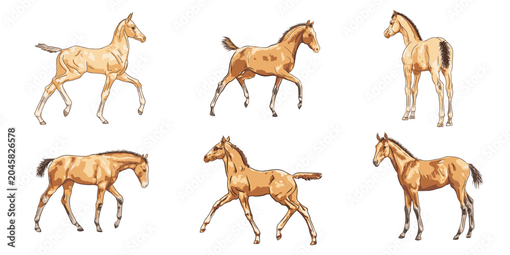 Obraz premium Foal collection of young horses in various poses isolated on light background hand drawn animal illustration